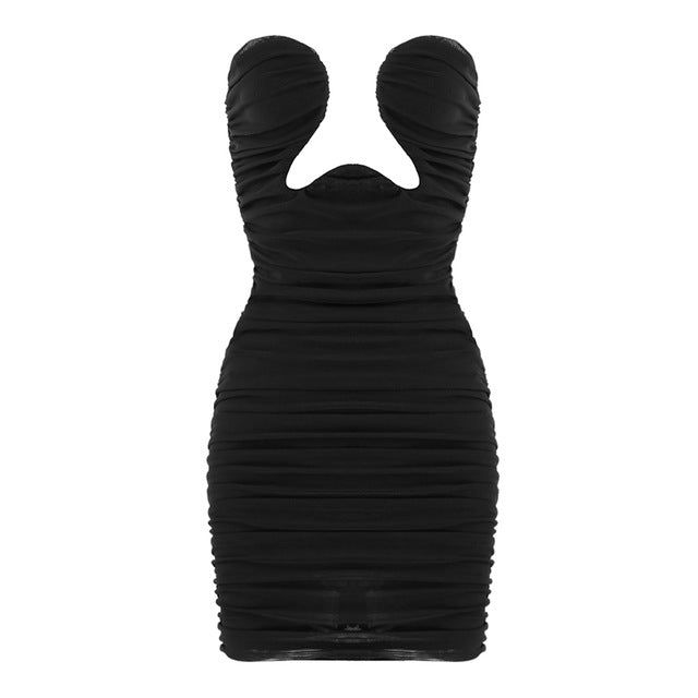 Black Strapless Bustier Cutout Ruched Draped Bodycon Mini Dress