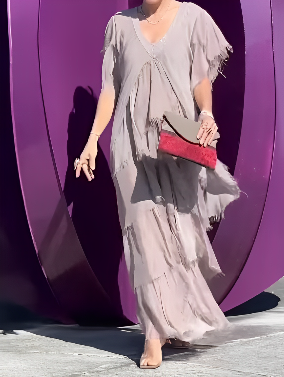 V-Neck Sequin Trim Flutter Sleeve Tiered Ruffle Chiffon Maxi Gown