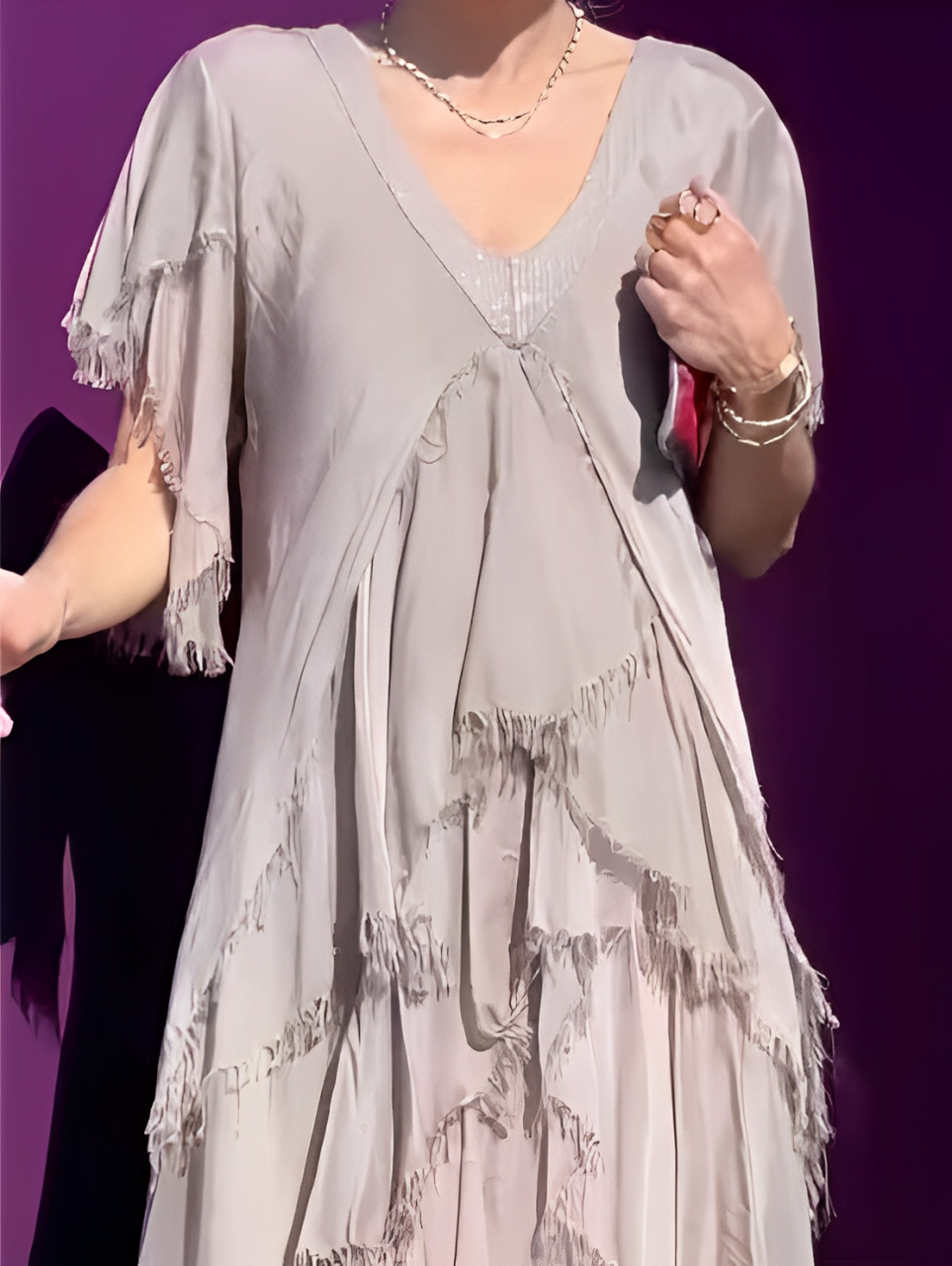 V-Neck Sequin Trim Flutter Sleeve Tiered Ruffle Chiffon Maxi Gown