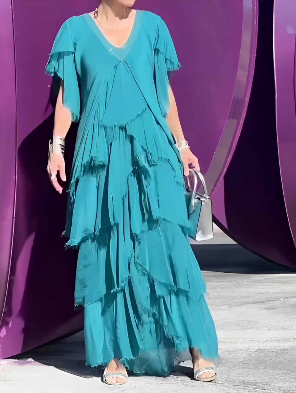 V-Neck Sequin Trim Flutter Sleeve Tiered Ruffle Chiffon Maxi Gown