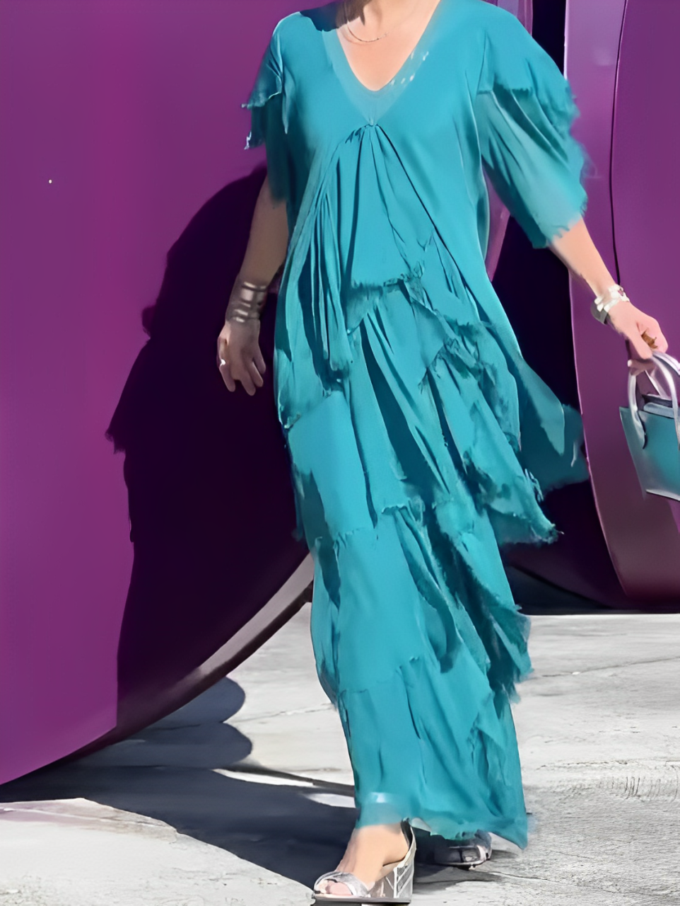 V-Neck Sequin Trim Flutter Sleeve Tiered Ruffle Chiffon Maxi Gown