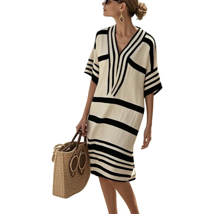 V-Neck Striped Half Sleeve Loose Beach Tunic Midi Dress
