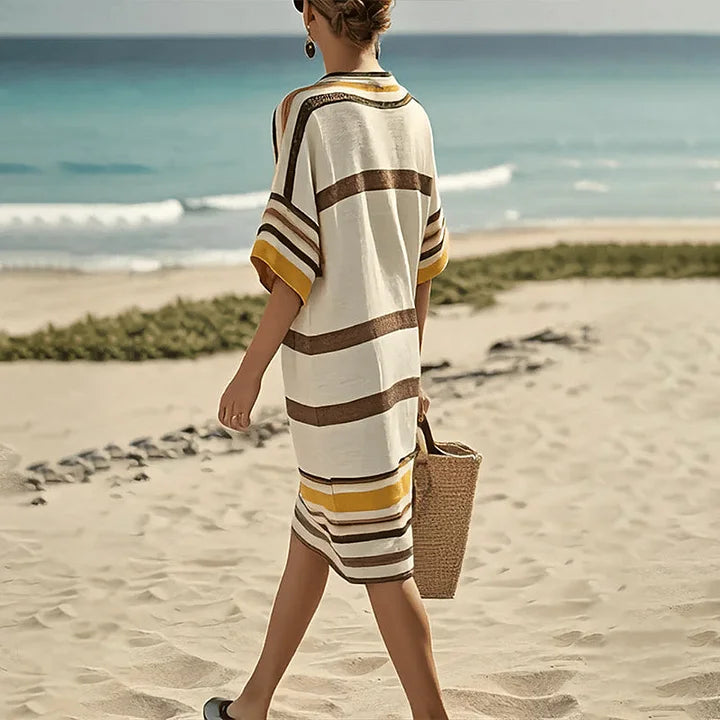 V-Neck Striped Half Sleeve Loose Beach Tunic Midi Dress