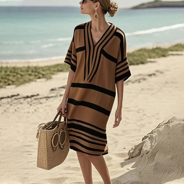 V-Neck Striped Half Sleeve Loose Beach Tunic Midi Dress