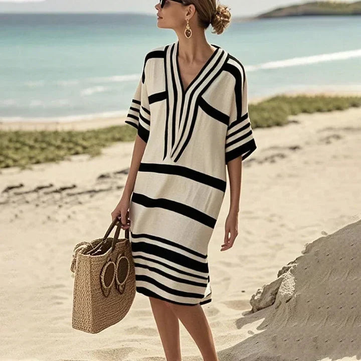 V-Neck Striped Half Sleeve Loose Beach Tunic Midi Dress