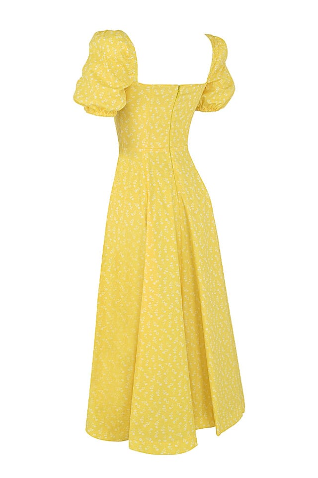 Vintage Floral Puff Sleeve Midi Dress in YelLow