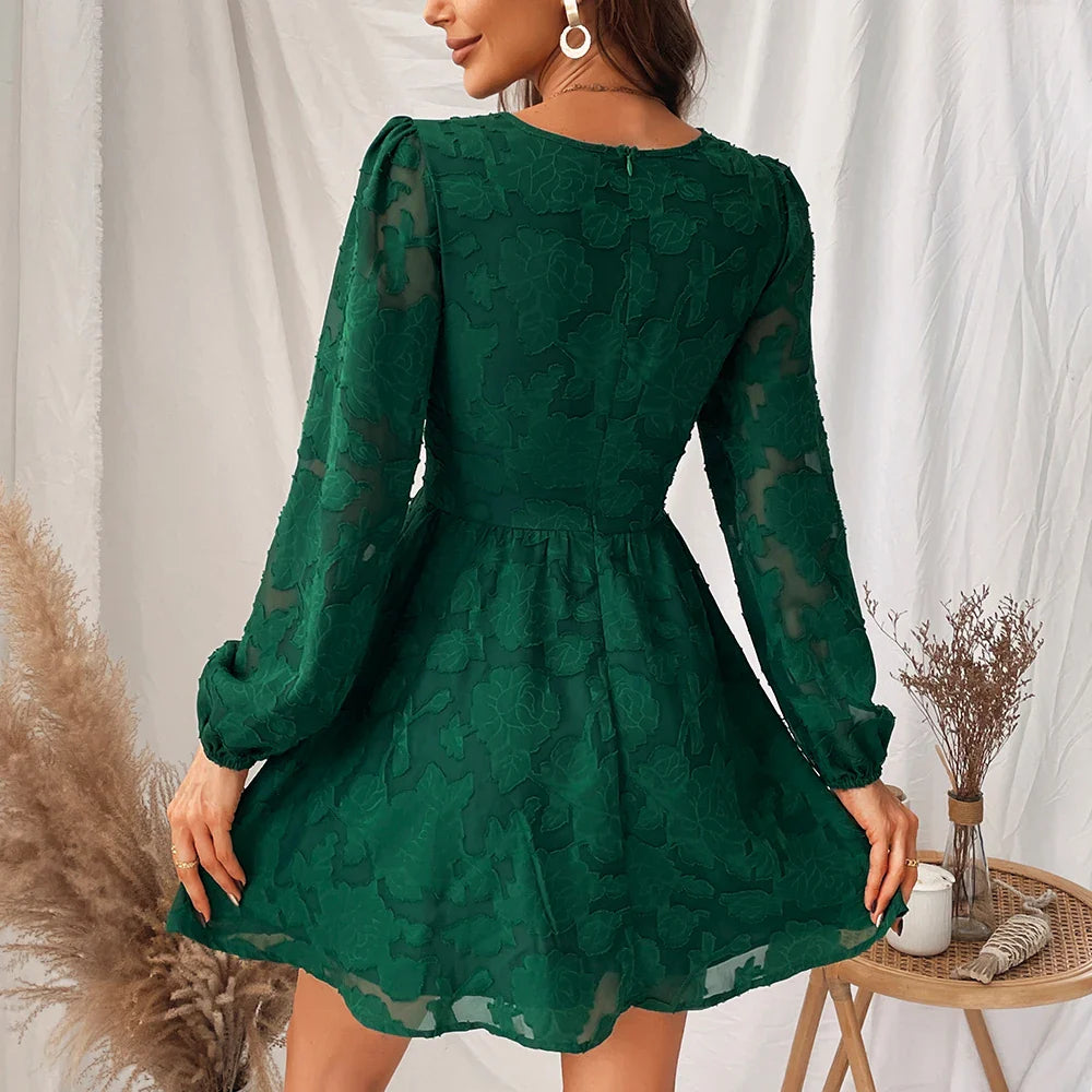 2024 Long Sleeve Green Plunge ALine Mini Boho Dress