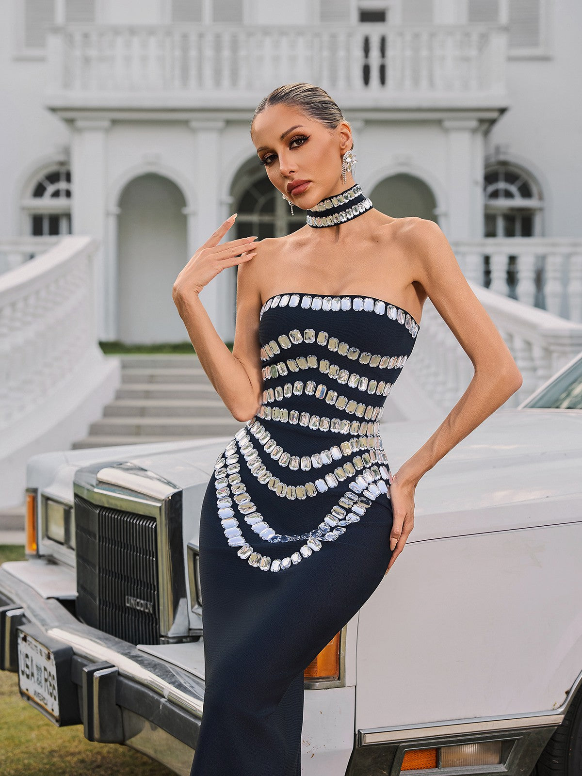 Strapless Crystal Bandage Maxi Dress With Choker