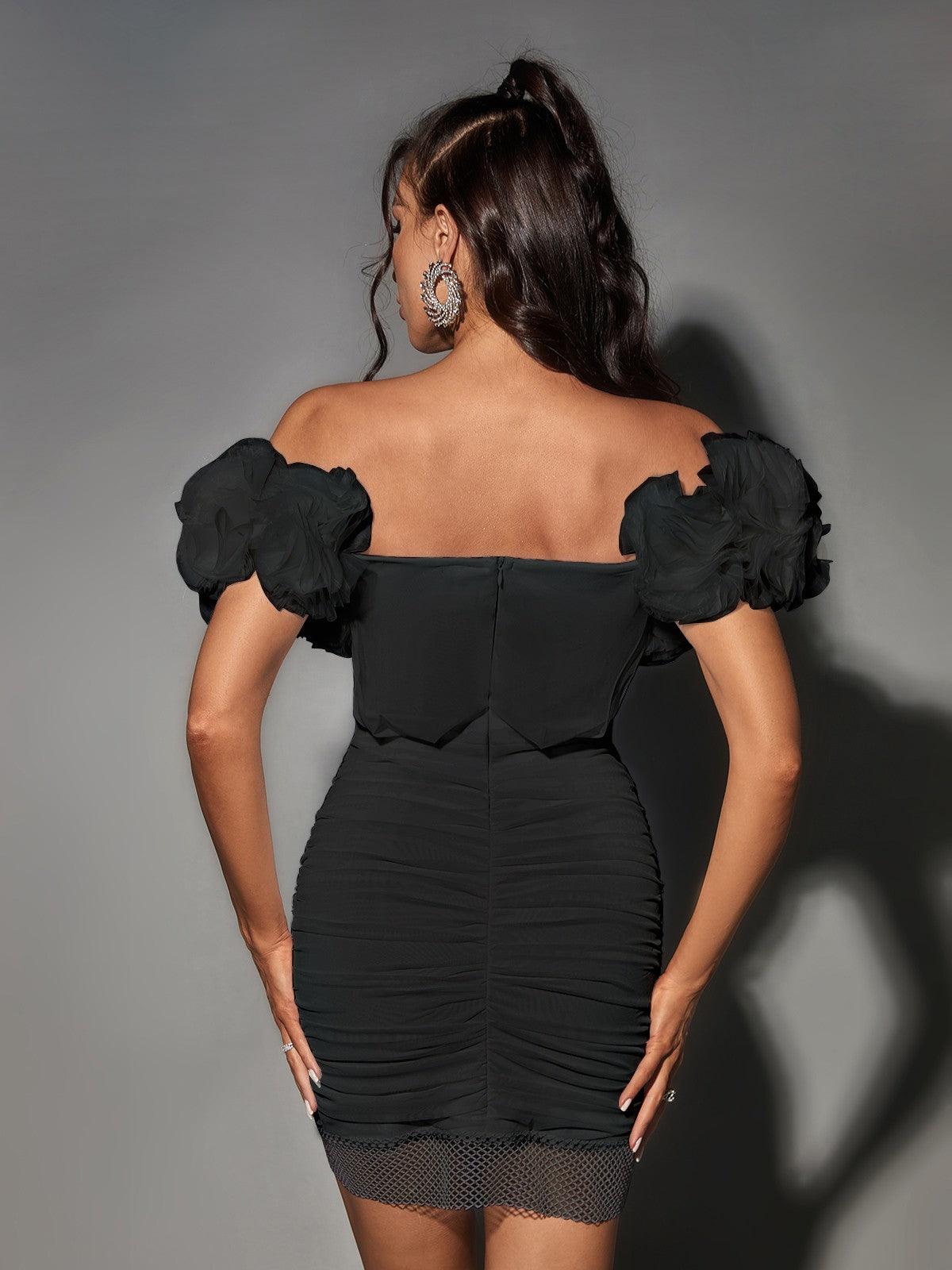 Off-Shoulder Puff Sleeve Mesh Illusion Corset Ruched Bodycon Mini Dress