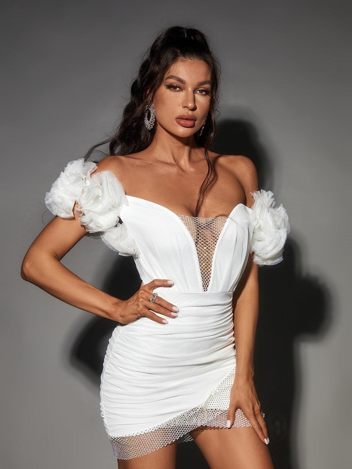 Off-Shoulder Ruffle Sleeve Plunge Mesh Ruched Bodycon Mini Dress