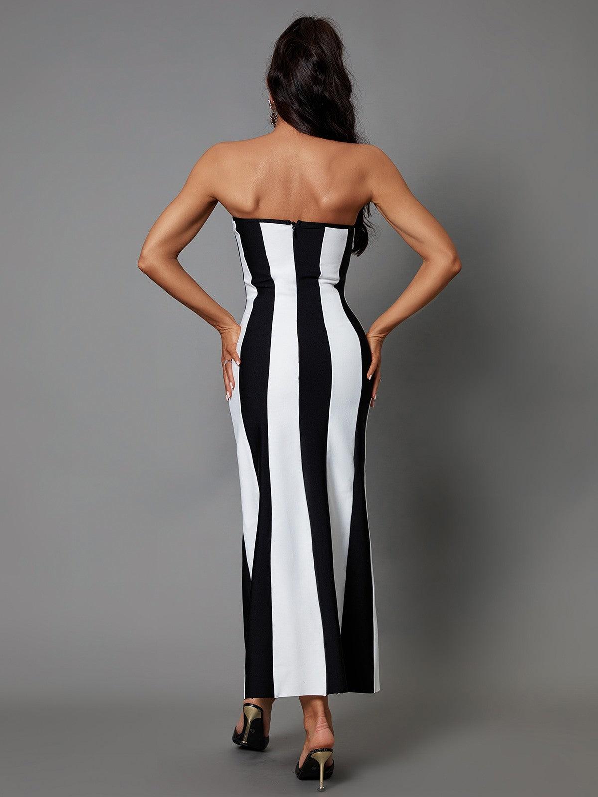 Strapless Vertical Stripe Colorblock Bandage Mermaid Maxi Dress
