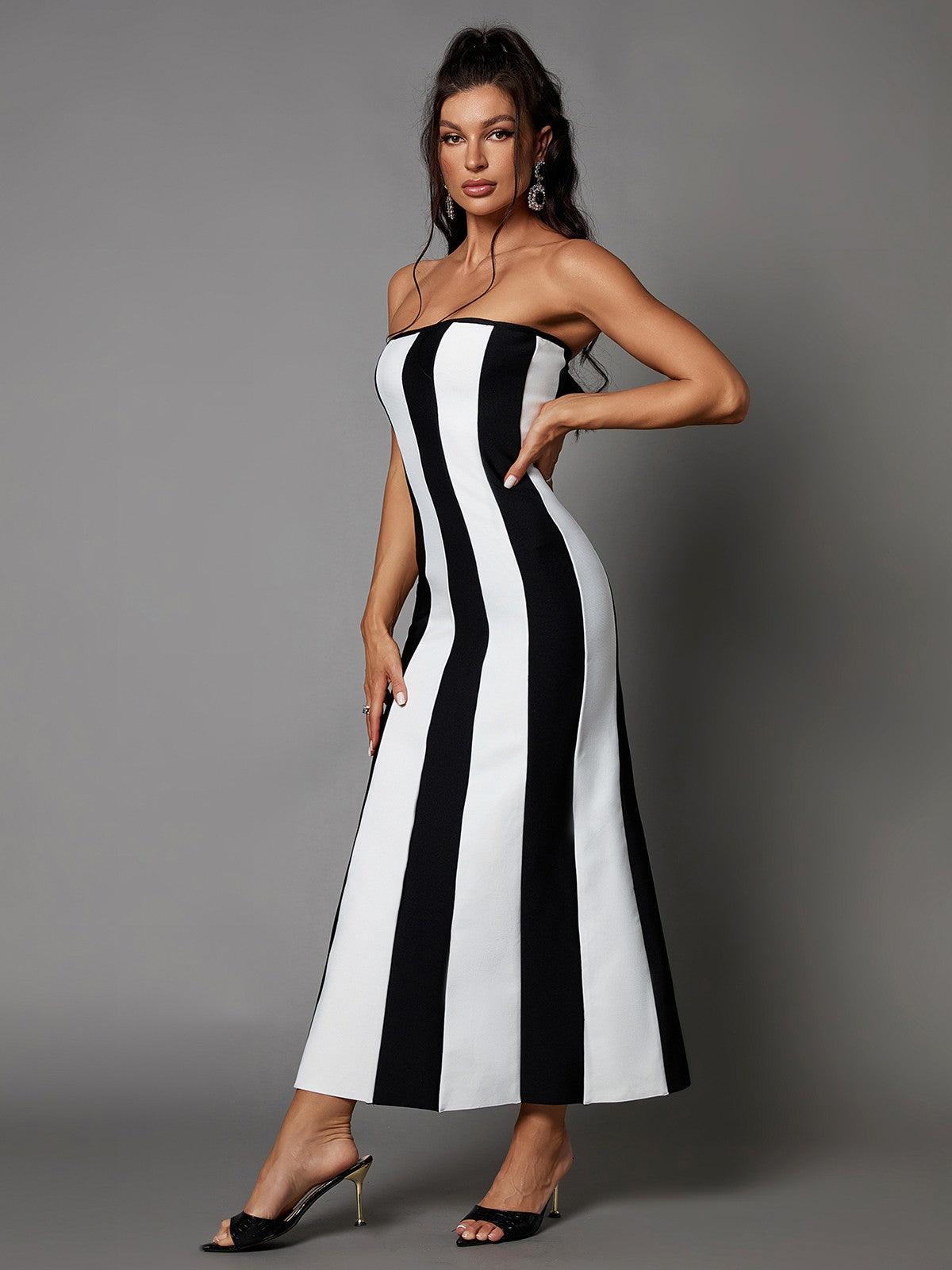 Strapless Vertical Stripe Colorblock Bandage Mermaid Maxi Dress