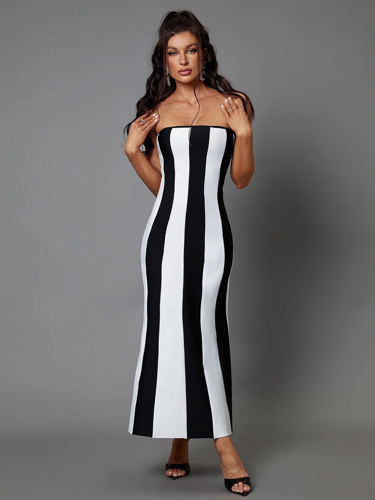 Strapless Vertical Stripe Colorblock Bandage Mermaid Maxi Dress