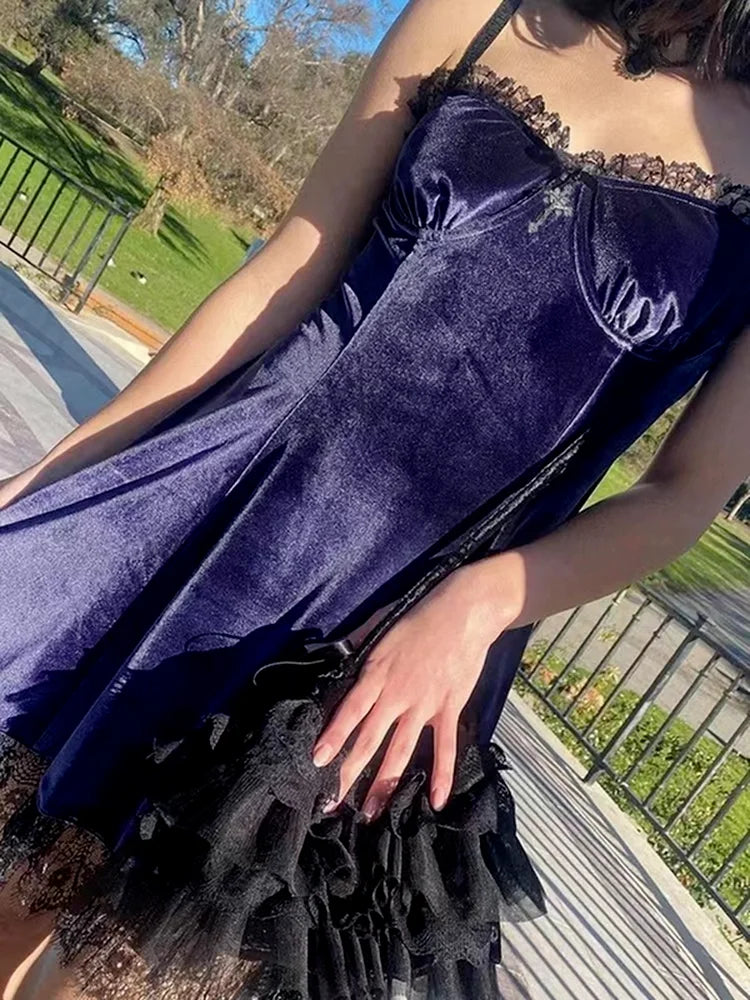 Velvet Gothic Black Vintage Spaghetti Strap High Waist Aesthetic Elegant Party Dress
