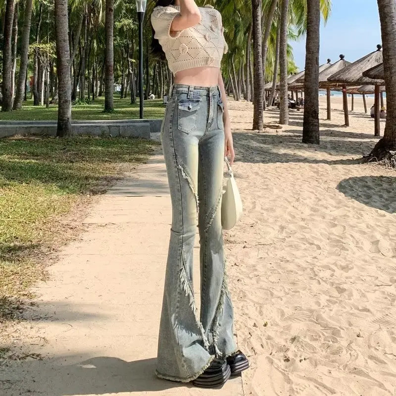 Minimalist Literary Versatile Japanese Dark Micro Flared High Waisted Fashion Jean Retro Blue / S