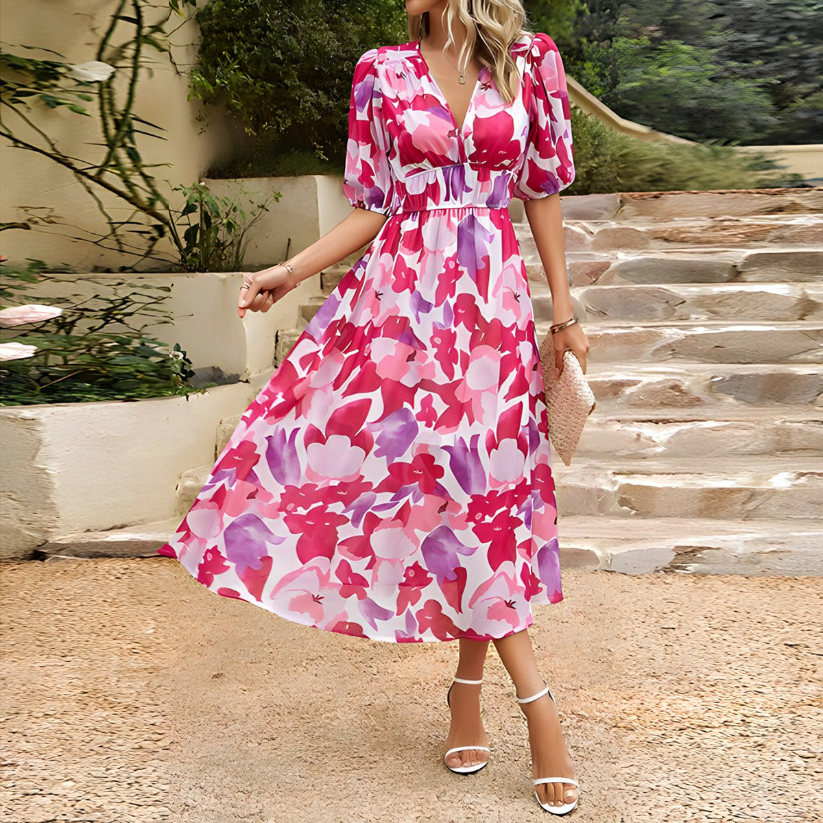 Deep V-Neck Watercolor Floral Chiffon Puff Sleeve A-Line Midi Dress 8