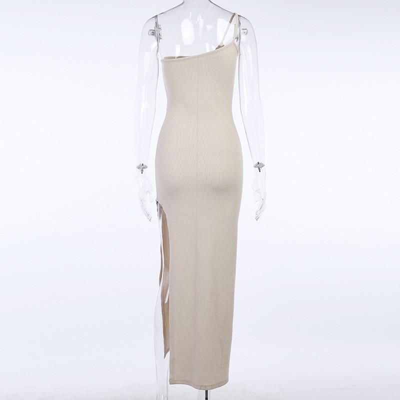 Spaghetti Strap Ribbed Knit High Slit Bodycon Maxi Dress