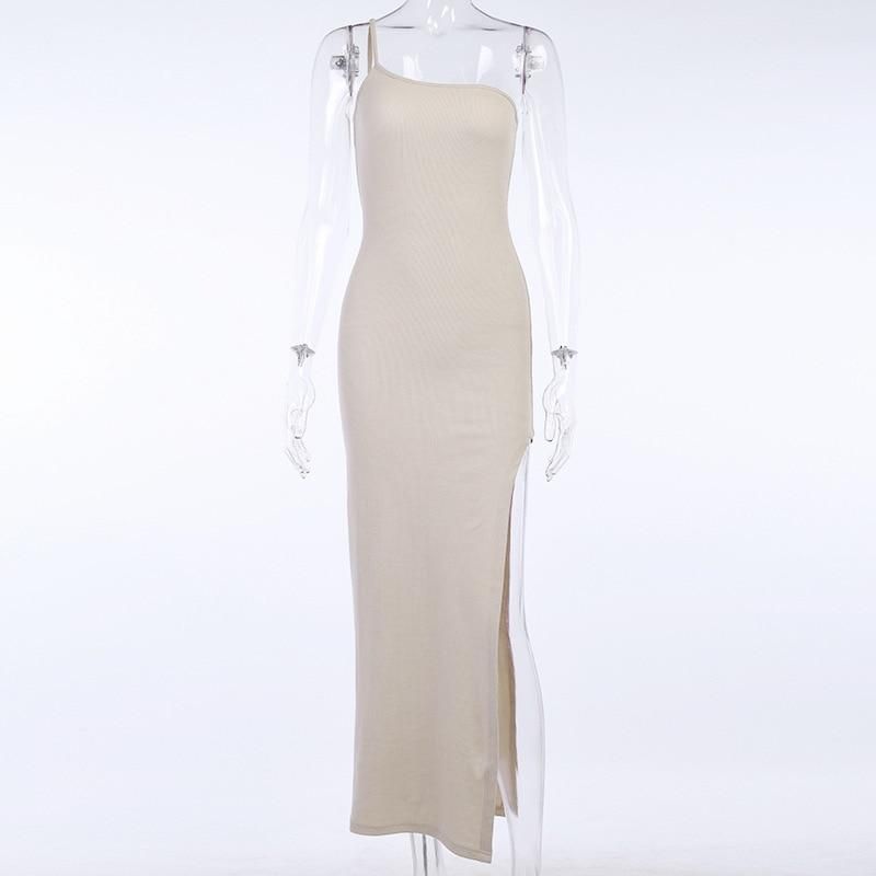 Spaghetti Strap Ribbed Knit High Slit Bodycon Maxi Dress