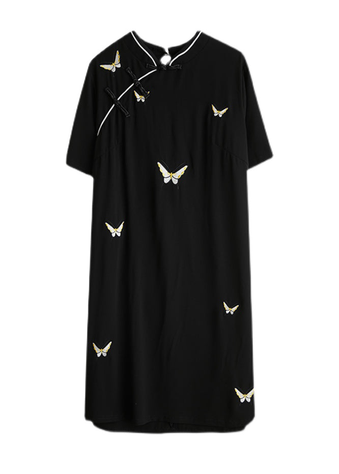 Vintage Black Stand Collar Button Butterfly Embroidered Cheongsam Dresses Short Sleeve