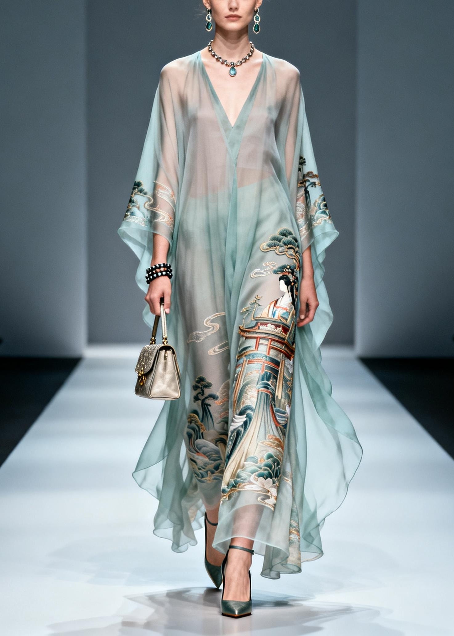 Vintage Blue Oversized Print Chiffon Long Dresses Summer