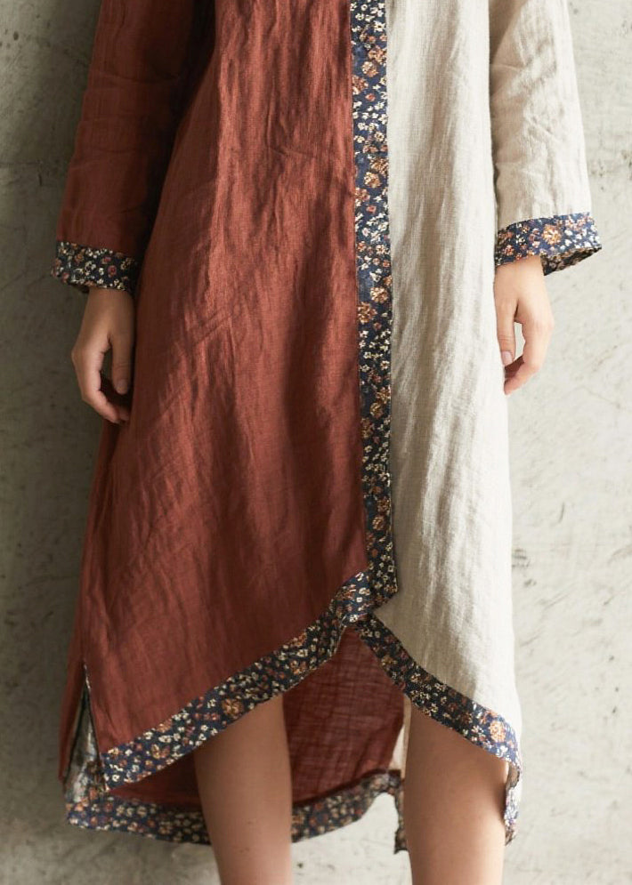 Round Neck Floral Trim Colorblock High Low Linen Midi Dress 4