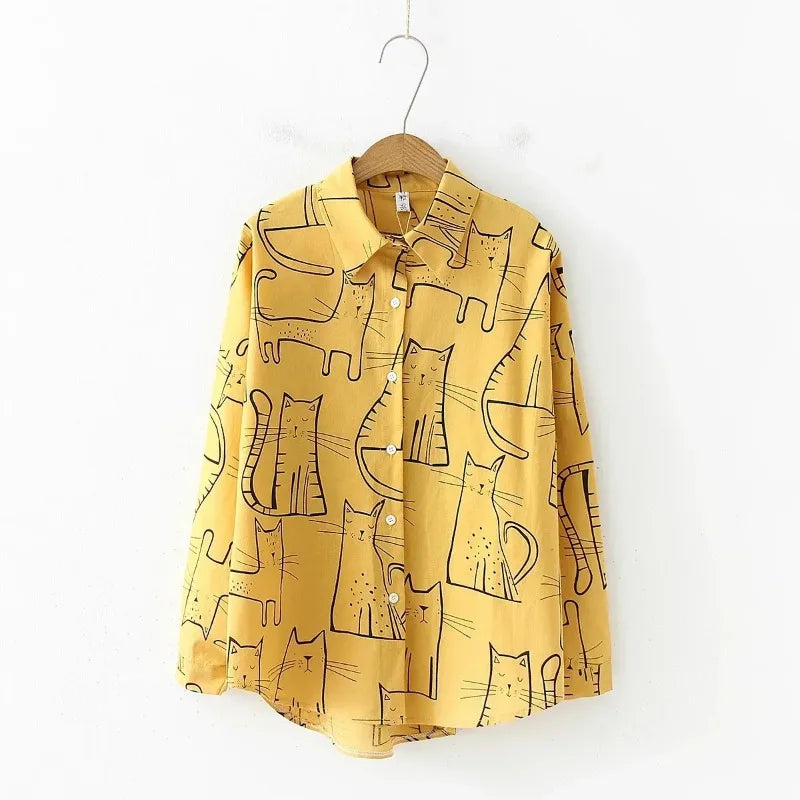 Cat Print Long Sleeve Vintage Casual Blouse Yellow / S blouse-250126