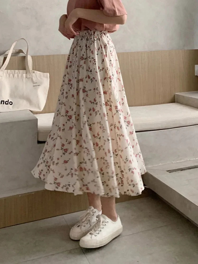 Vintage Floral Pleated Korean Midi Skirt