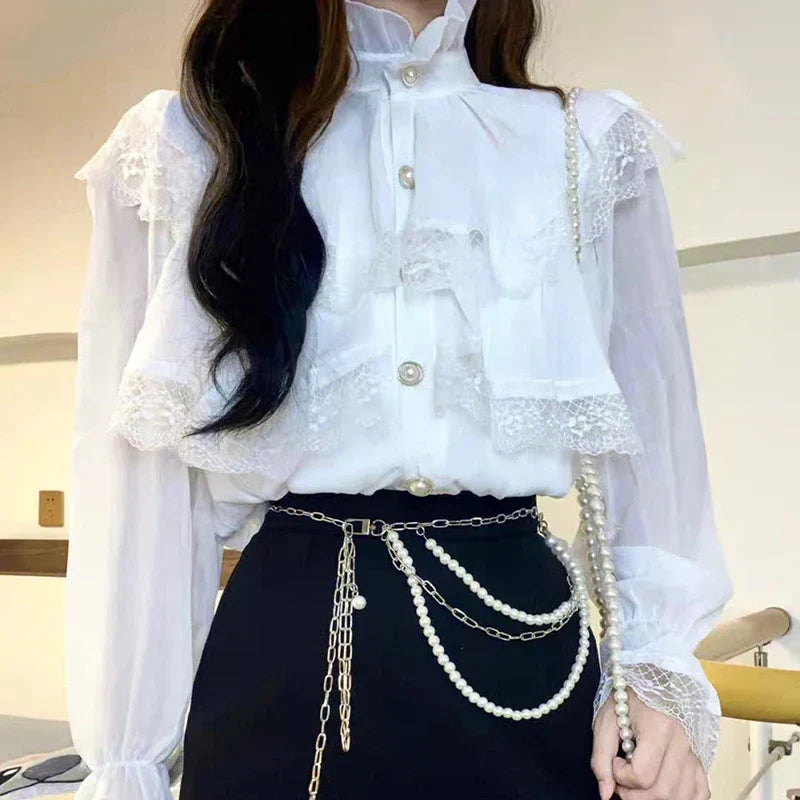 French Lace Lolita Elegant Long Sleeve Blouse white shirt / S(40-47.5KGS) blouse-250126