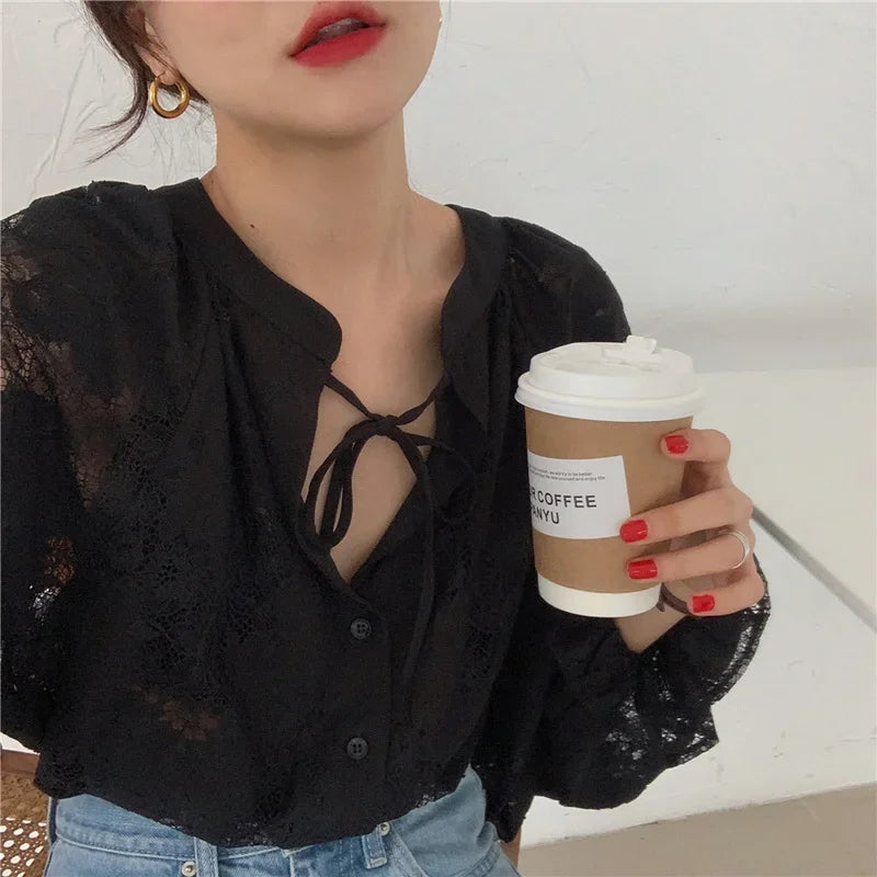 Vintage Hook Hollow Flower Lace Lantern Sleeve Blouse