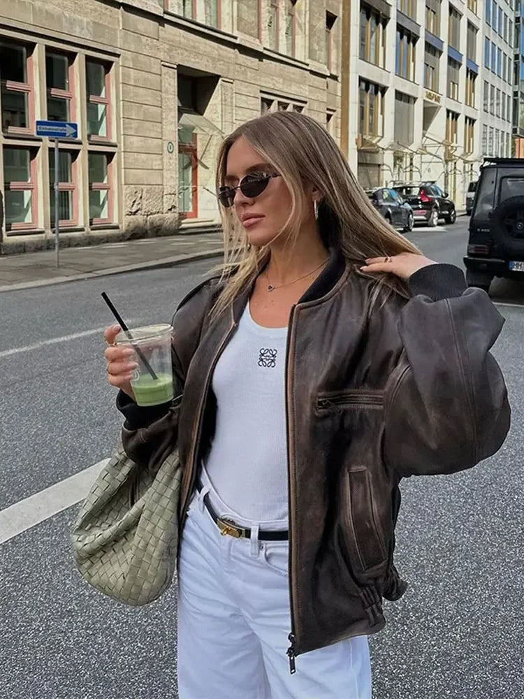 Vintage Oneck Zipper Loose Fashion Lantern Long Pocket Short Coat