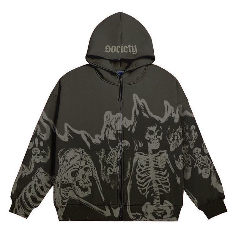 Vintage Printed Zip Up Hoodie Grey / M Sweatshirts & Hoodies-L