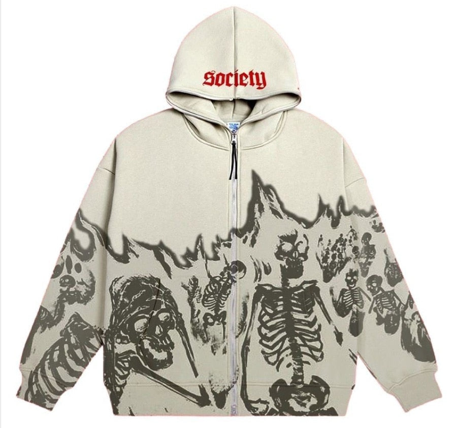 Vintage Printed Zip Up Hoodie Beige / M Sweatshirts & Hoodies-L