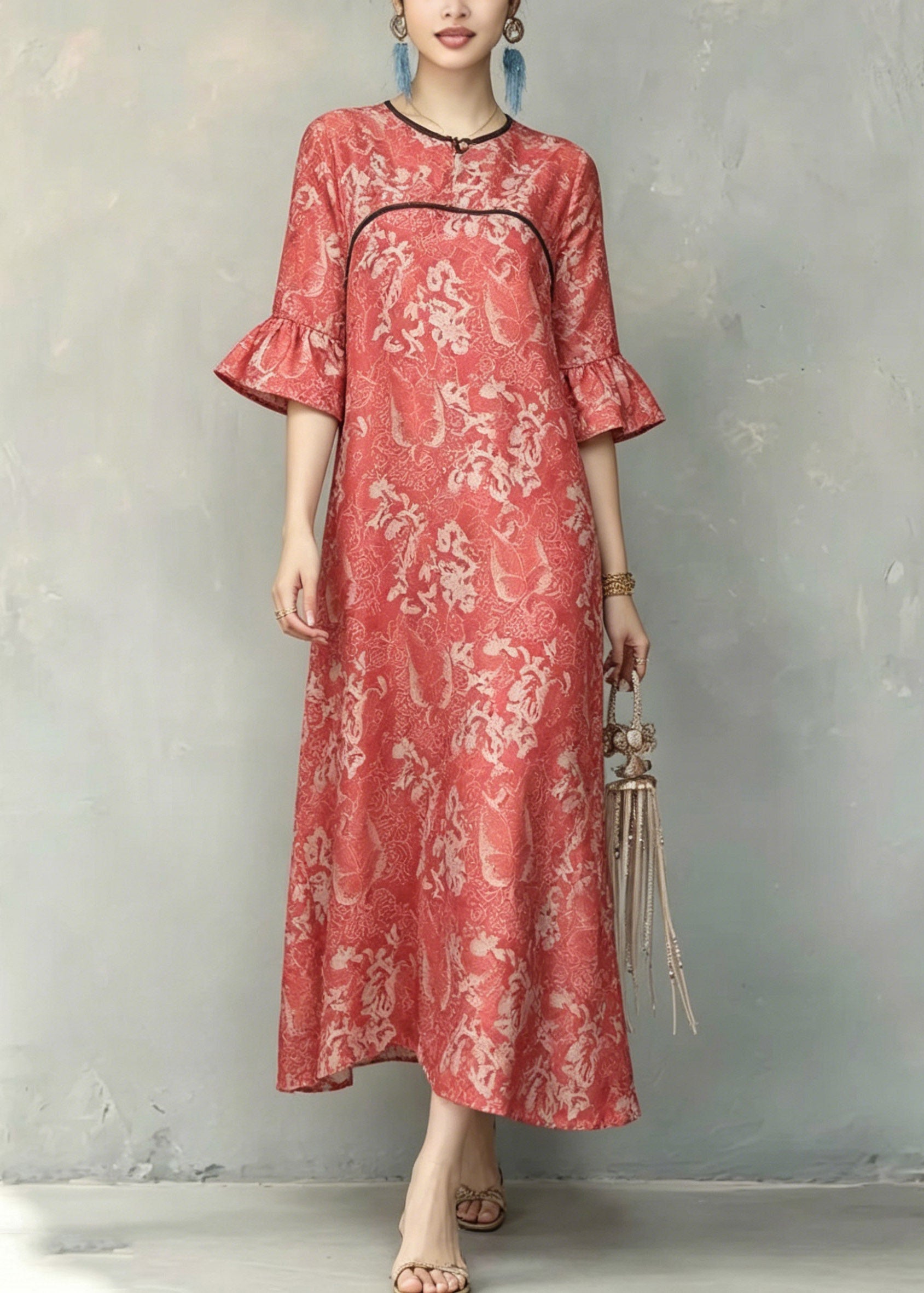 Vintage Red O-Neck Ruffled Patchwork Long Dresses Short Sleeve