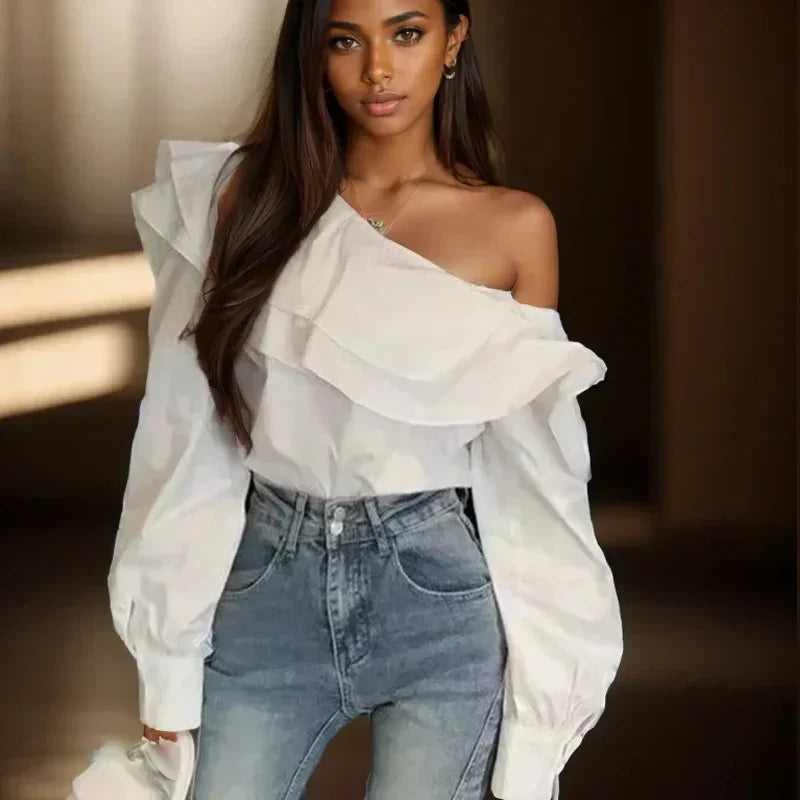 Ruffled Off Shoulder Slim Fit Casual Long Sleeve Blouse