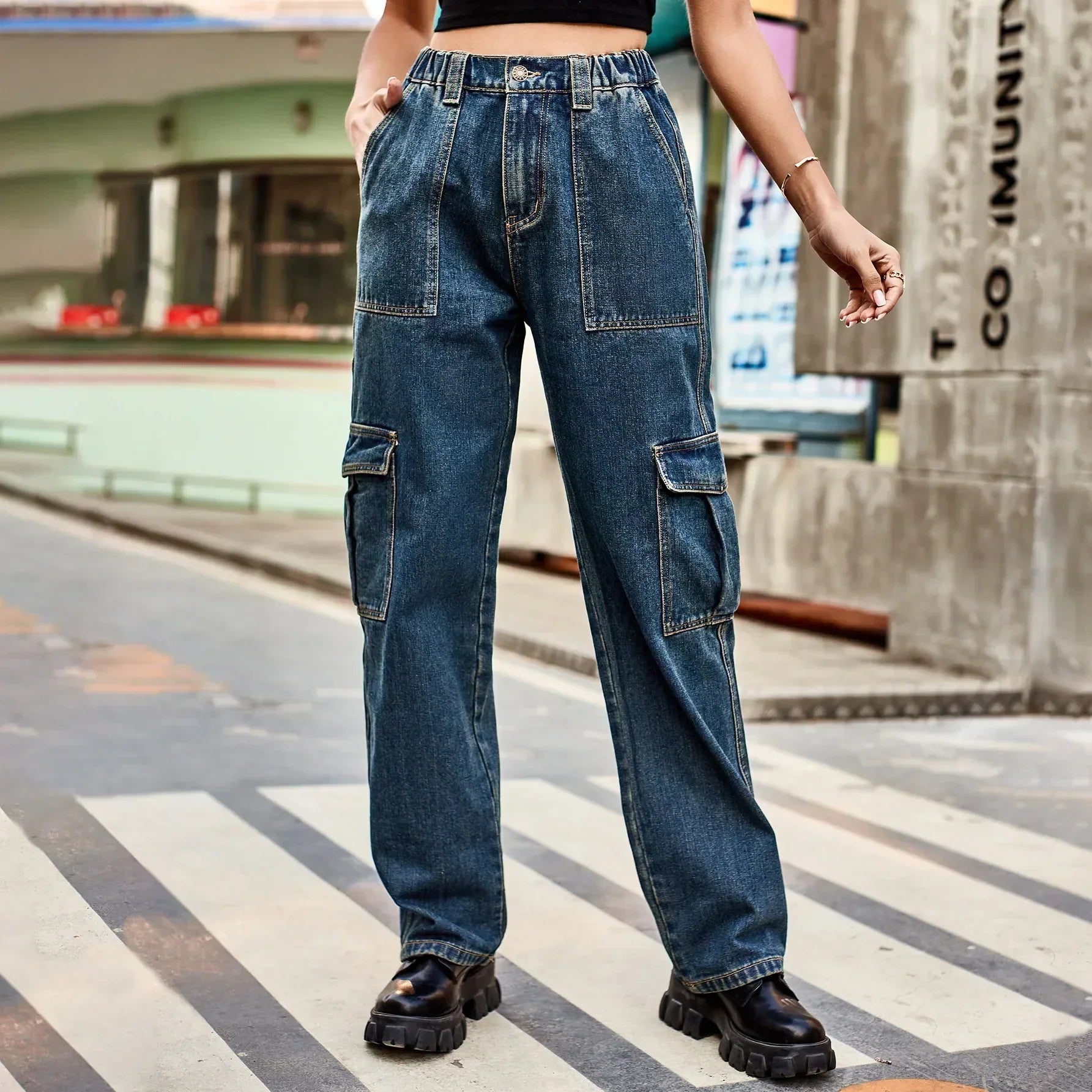 Vintage Streetwear High Waist Women American Fashion Blue Wide Leg Trouser Female Baggy Straight