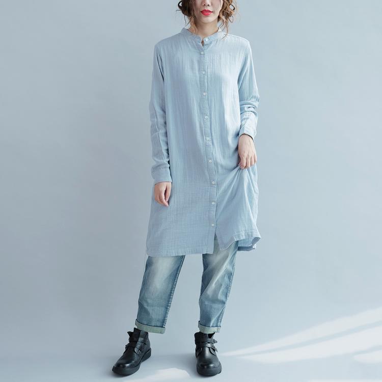 Vintage light blue cotton dresses oversize shift dress womens long sleeve cotton shirt