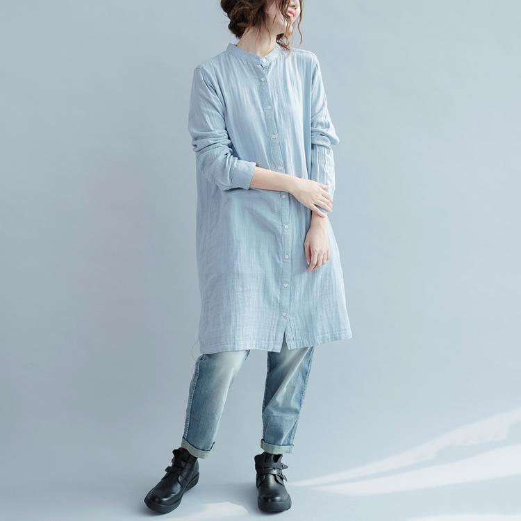 Vintage light blue cotton dresses oversize shift dress womens long sleeve cotton shirt