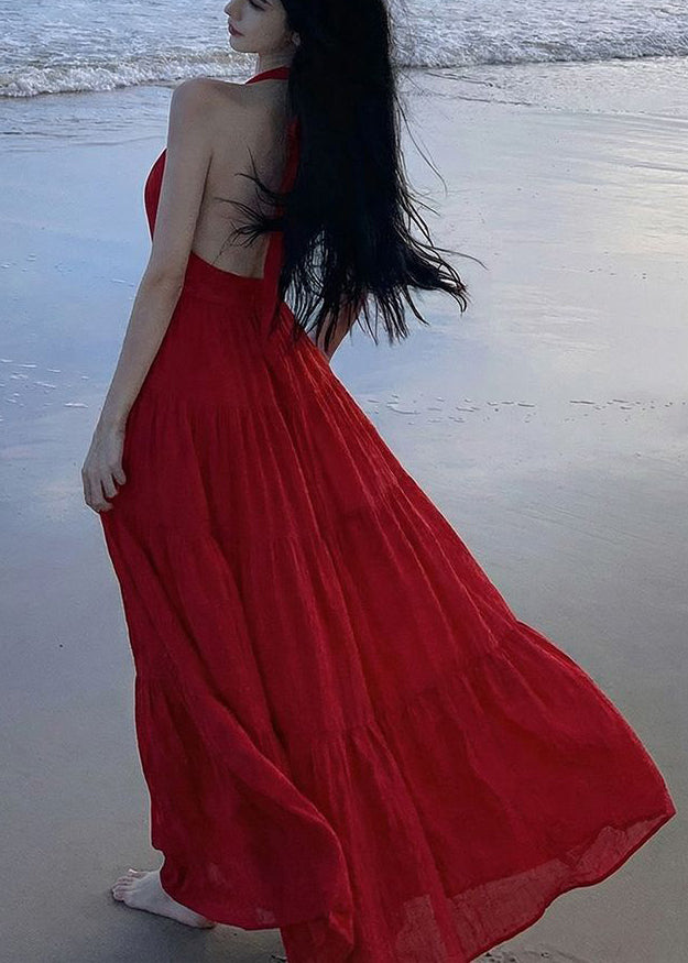 Vogue Red V Neck Halter Cold Shoulder Long Dress Sleeveless