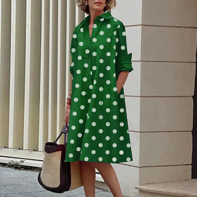 Collared Button Long Sleeve Pocket A-Line Shirt Midi Dress
