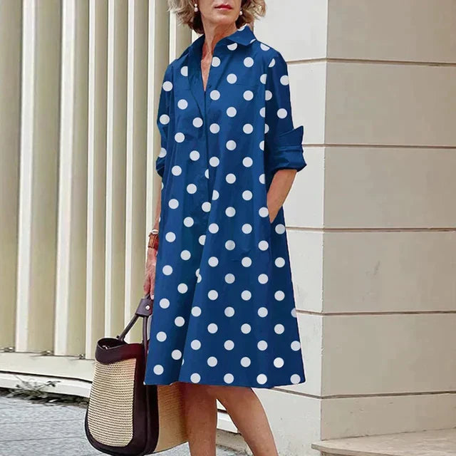 Collared Button Long Sleeve Pocket A-Line Shirt Midi Dress