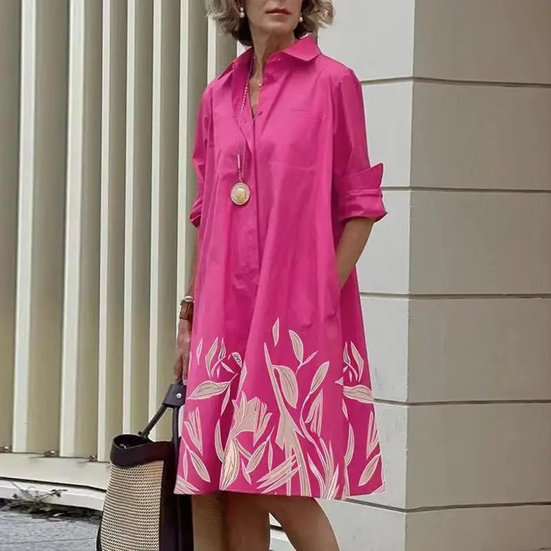 Collared Button Long Sleeve Pocket A-Line Shirt Midi Dress