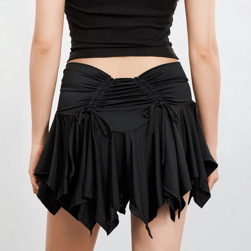 Women Gothic Irregular Solid Color Drawstring TieUp Ruched Ruffles Mini Summer Skirt