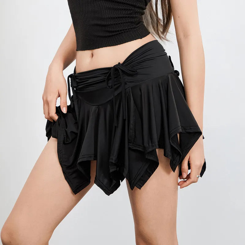 Women Gothic Irregular Solid Color Drawstring TieUp Ruched Ruffles Mini Summer Skirt