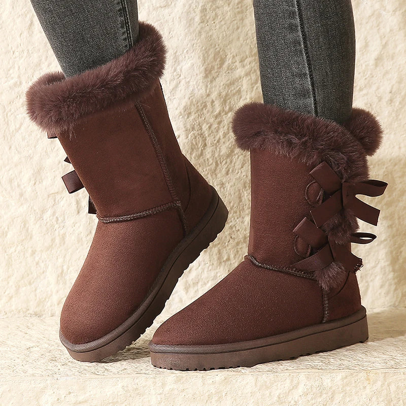 Waterproof Trend Bow Warm MidCalf Thicked Plush NonSlip Snow Boot