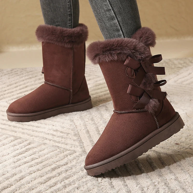 Waterproof Trend Bow Warm MidCalf Thicked Plush NonSlip Snow Boot
