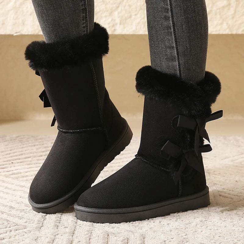 Waterproof Trend Bow Warm MidCalf Thicked Plush NonSlip Snow Boot