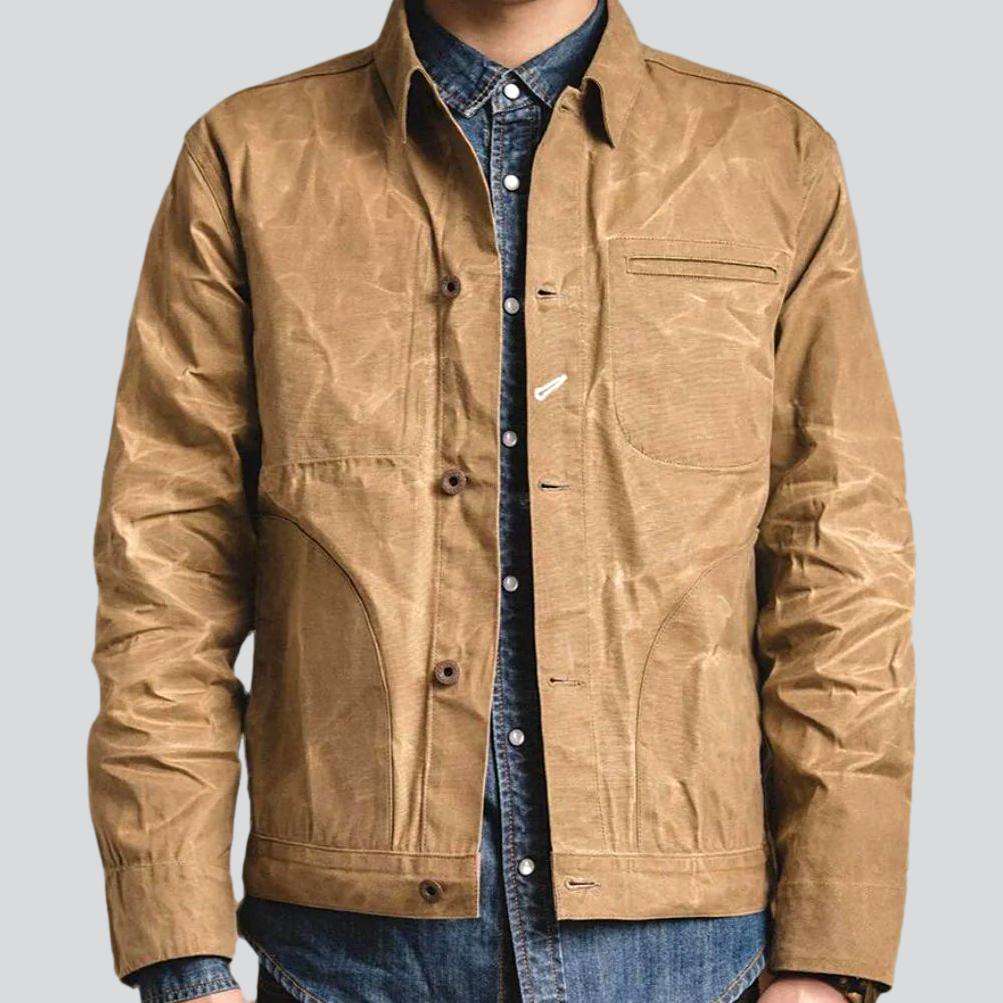 Sand Spread Collar Button Front Waxed Canvas Trucker Jacket