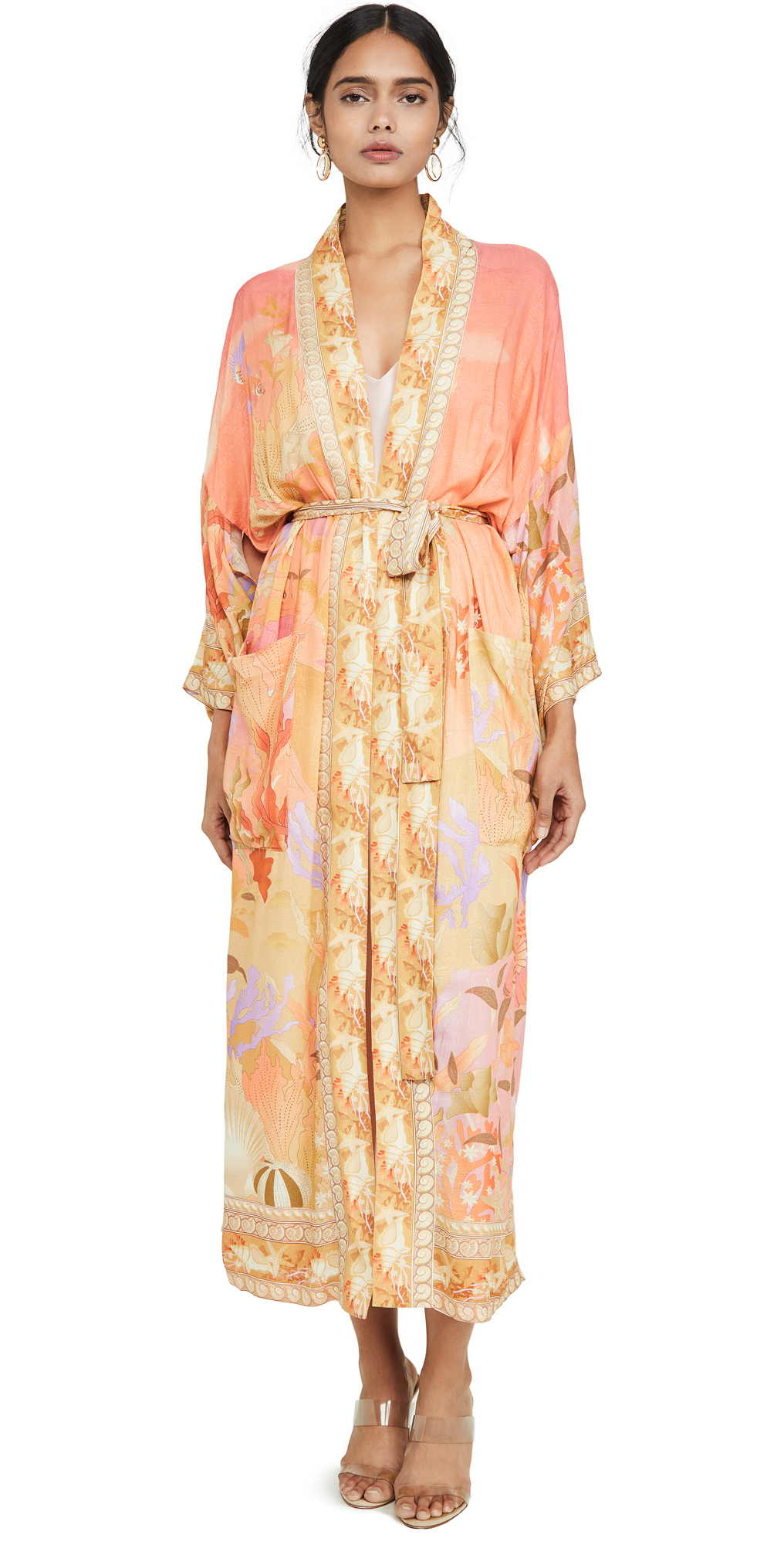 Orange Shawl Collar Floral Crane Print Belted Long Kimono Robe 3