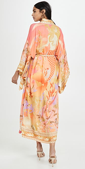 Orange Shawl Collar Floral Crane Print Belted Long Kimono Robe 4