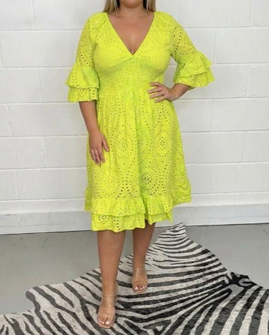 V-Neck Eyelet Lace Flare Sleeve Smocked A-Line Midi Dress 2